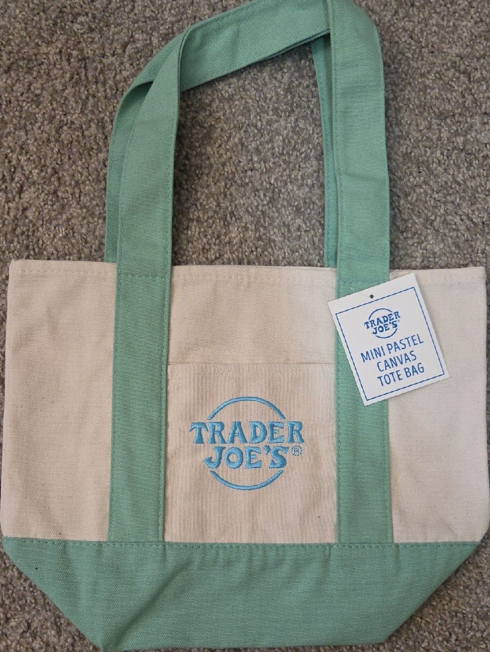 Trader Joe's Mint Green & Cream Canvas Mini Pastel Tote Bag NWT